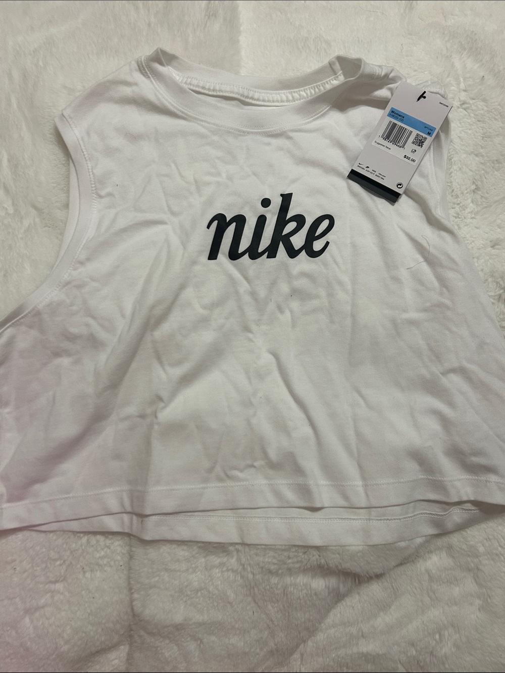 Nike White Cropped Muscle Tank with Black Script Logo